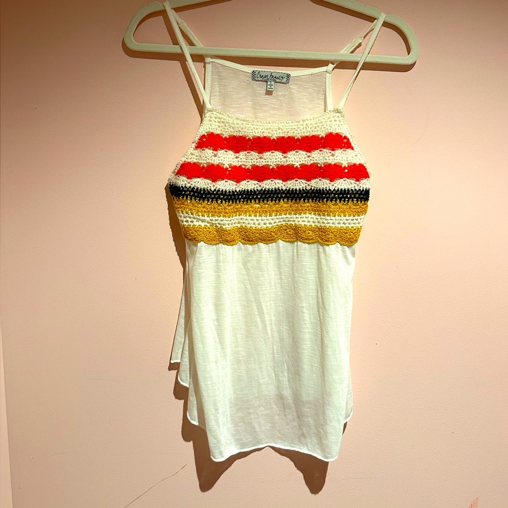Blu Pepper White Crochet-Trim Halter Tank Top - White with Red/Yellow Stripes